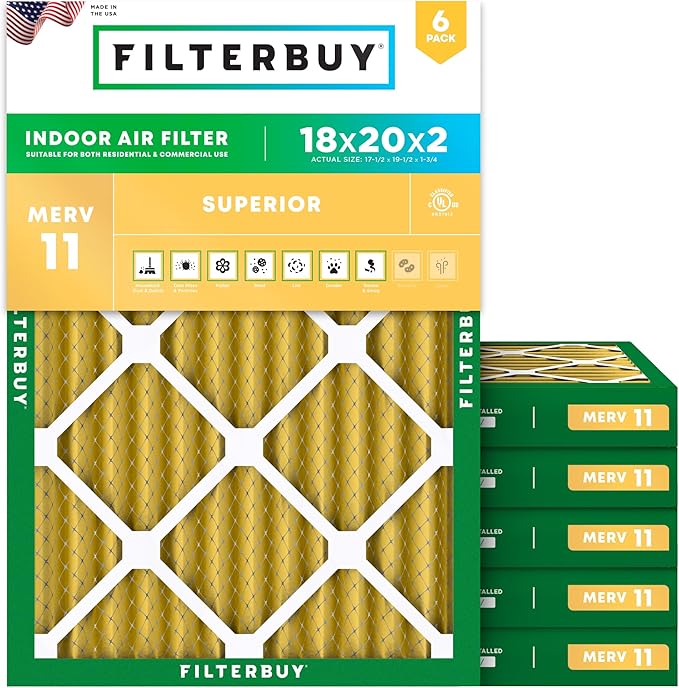 Filterbuy 18x20x2 Air Filter MERV 11 (MPR 1200) Allergen Defense Replacement (6-Pack), Electrostatic Pleated HVAC AC Furnace Filters, Made in USA (Actual Size: 17.50 x 19.50 x 1.75)