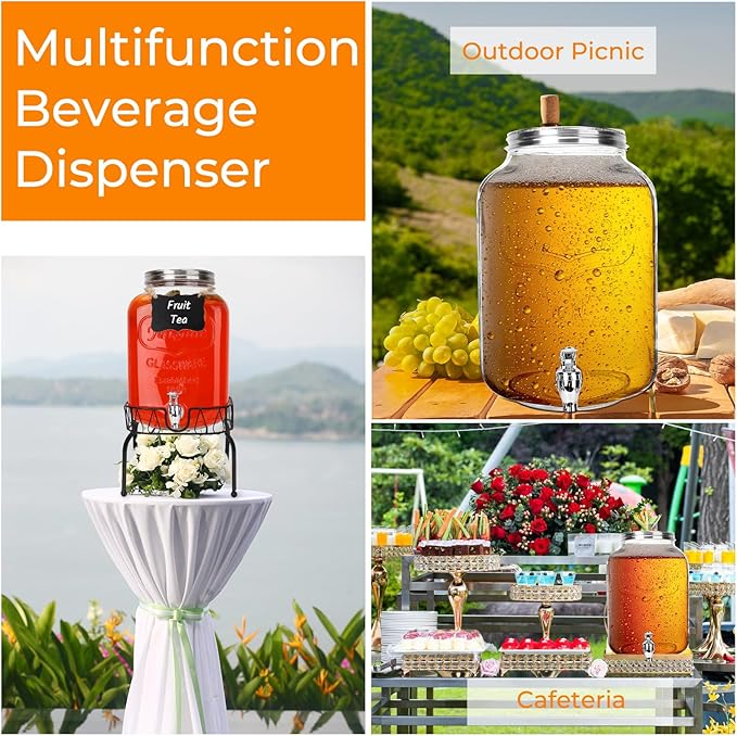 2 Gallon Glass Drink Dispensers, 1 Pack Clear Beverage Dispenser with Stand and Spigot for Parties, Drink Dispenser with Ice Core and Sticker for BBQ, Picnic, Lemonade Dispenser