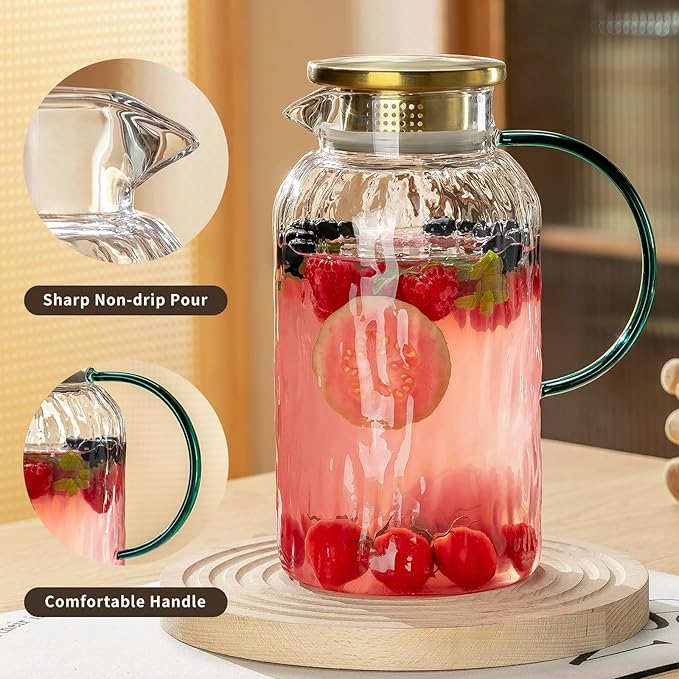 2 PACK Glass Pitcher with Lid and Spout, 68 oz/2 Liter Water Pitcher for Fridge, Clear Borosilicate Glass Water Carafe for Cold Brew, Coffee, Lemonade, Iced SunTea,Milk, Heat Resistant