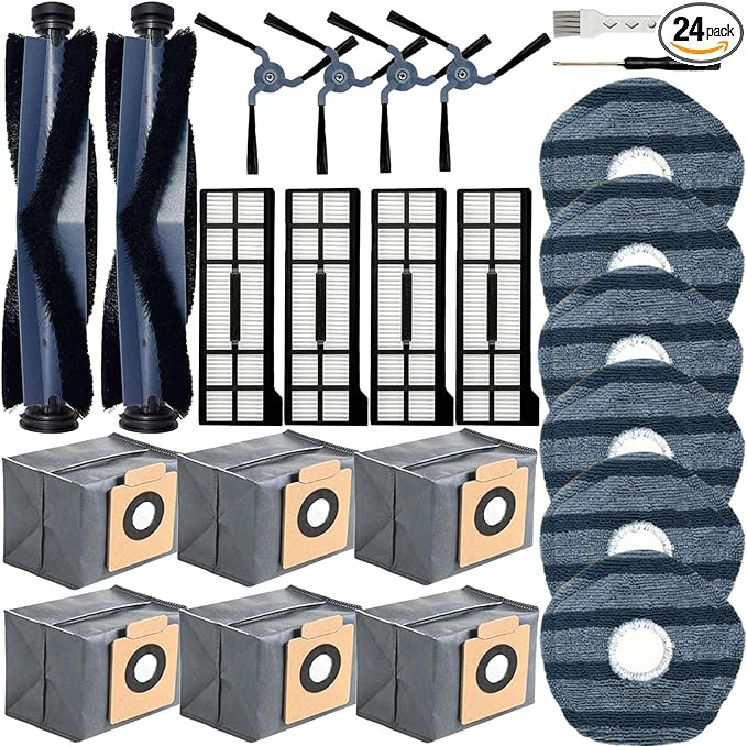 24 Pack Replacement Parts Accessories Compatible for Eufy X10 Pro Omni Vacuum Cleaner, 2 Main Brush 4 Vacuum Filters 4 Side Brushes 6 Mops 6 Vacuum Bags, X10 Pro Omni Accessories Kit