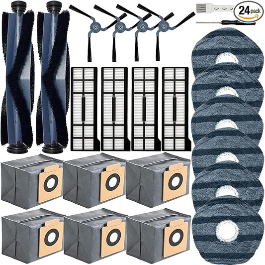 24 Pack Replacement Parts Accessories Compatible for Eufy X10 Pro Omni Vacuum Cleaner, 2 Main Brush 4 Vacuum Filters 4 Side Brushes 6 Mops 6 Vacuum Bags, X10 Pro Omni Accessories Kit