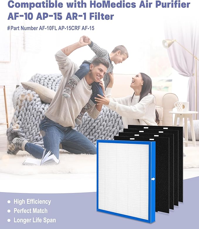 AF-10 Replacement Filter Compatible with HoMedics Air Purifier AF-10 AP-15 AR-10 Filter, Part Number AF-10FL AP-15CRF AF-15, with 1 HEPA Filter + 4 Activated Carbon Pre-filters