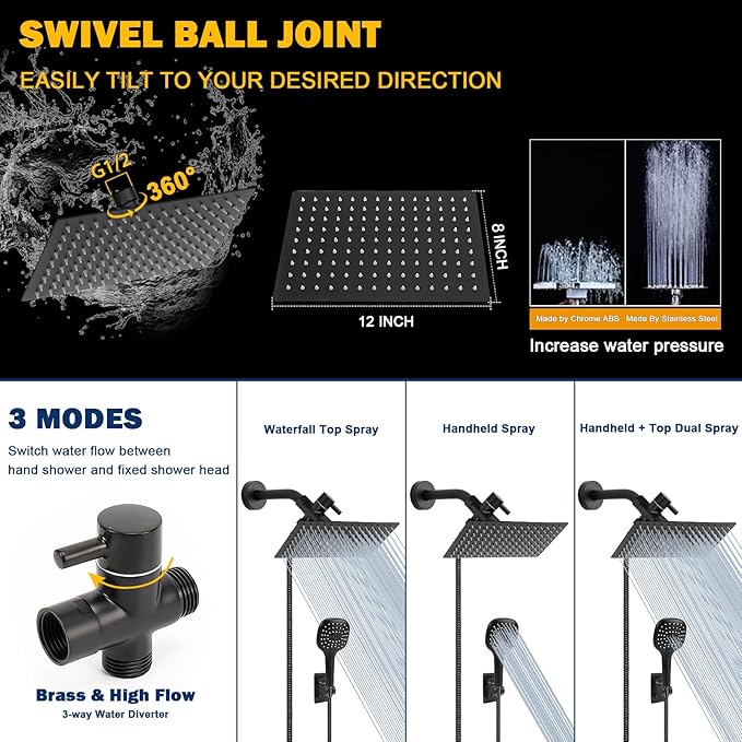 NearMoon Shower Head with Hose, High Pressure Stainless Steel Rain Shower and 3 Settings Handheld Spray Combo with Push Button Flow Control (12 Inch, Matte Black)