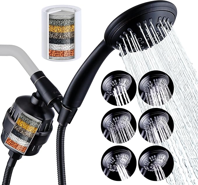 G-Promise Luxury Filtered Handheld Shower Head, Shower Set 6 Spray Showerhead with Effective Filter of 2 Cartridges, Adjustable Metal Bracket, Extra Long Hose (Oil Rubbed Bronze with Filter)