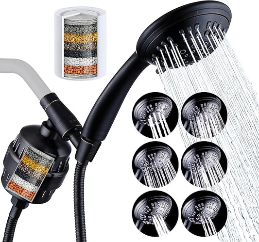 G-Promise Luxury Filtered Handheld Shower Head, Shower Set 6 Spray Showerhead with Effective Filter of 2 Cartridges, Adjustable Metal Bracket, Extra Long Hose (Oil Rubbed Bronze with Filter)