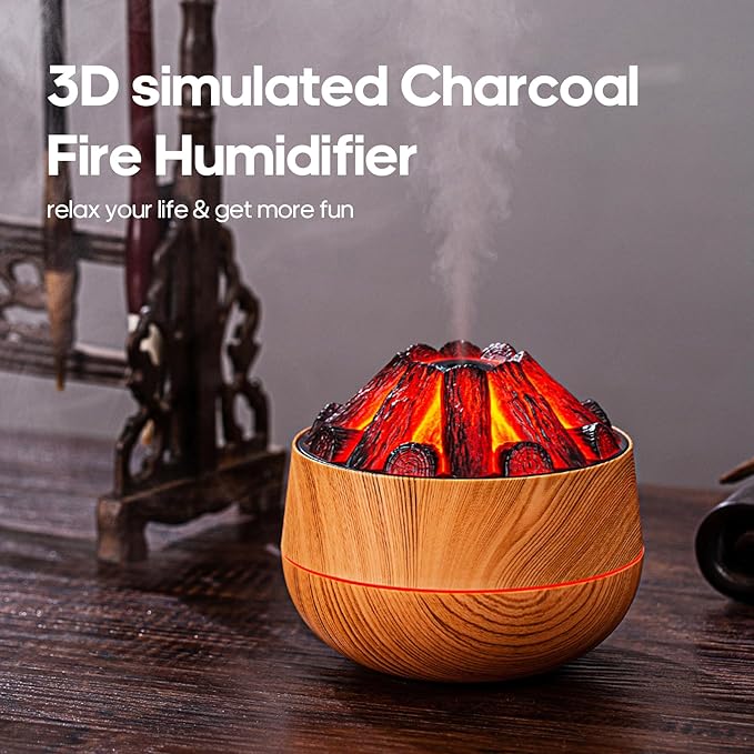 Flame Essential Diffuser Bonfire Humidifier 300ml Ultra-Quiet Auto-Off Aromatherapy Diffuser Campfire Flame Fire Diffuser for Home, Office or Gym - Wood Grain