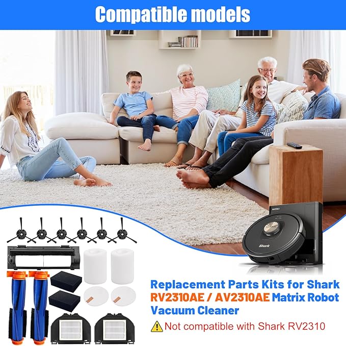 RV2310AE Replacement Parts for Shark AV2310AE/RV2320S/UR2350AE/RV2300S Matrix Robot Vacuum 2 Roller Brushes, 6 Side Brushes, 2 HEPA Filters, 2 Foam & 2 Sponge Filters, 1 Main Brush Cover-15 Pack
