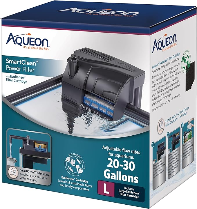 Aqueon SmartClean Power Filter with EcoRenew Filter Cartridge, Quick and Easy Water Changes, Quiet Operation, Adjustable Flow, for 20-30 Gallon Freshwater and Saltwater Aquariums, Large
