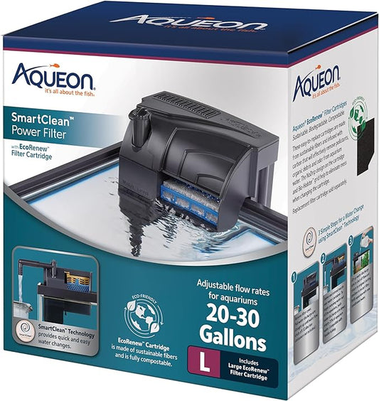 Aqueon SmartClean Power Filter with EcoRenew Filter Cartridge, Quick and Easy Water Changes, Quiet Operation, Adjustable Flow, for 20-30 Gallon Freshwater and Saltwater Aquariums, Large