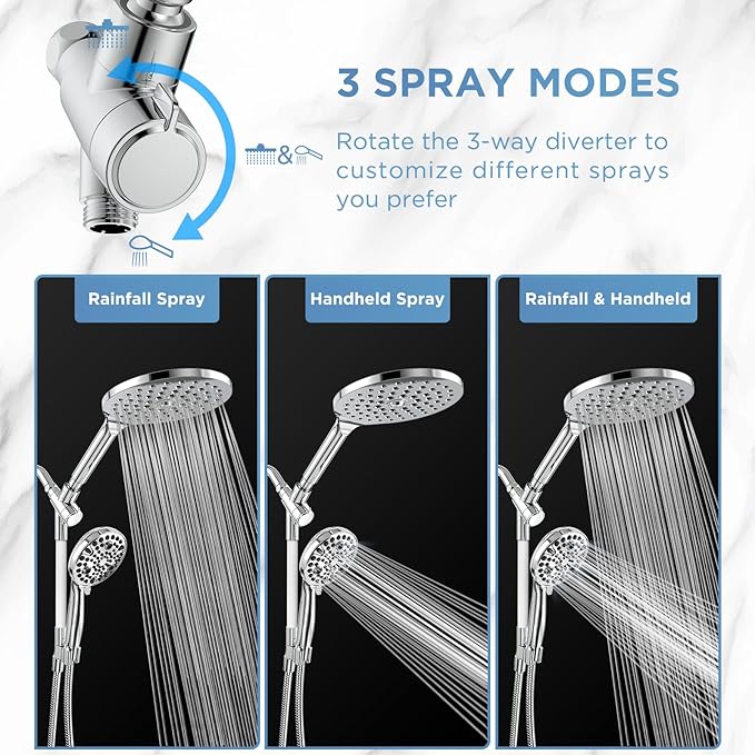 Dual Handheld Shower Head Combo, 2-in-1 Rain Shower Heads System 8 Inch Rainfall Shower Head and 10 Modes High Pressure Hand Held Showerhead with Built-in Power Wash