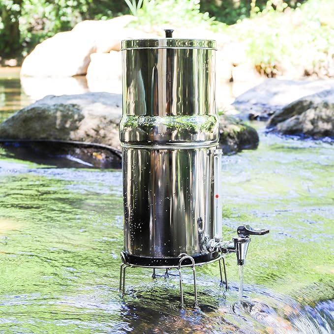 Gravity-fed Water Filter System, Reduces Lead and up to 99% of Chlorine, NSF/ANSI 42&372 Standard, with 2 Black Carbon Filters and Metal Water Level Spigot and Stand, 2.25G Countertop System
