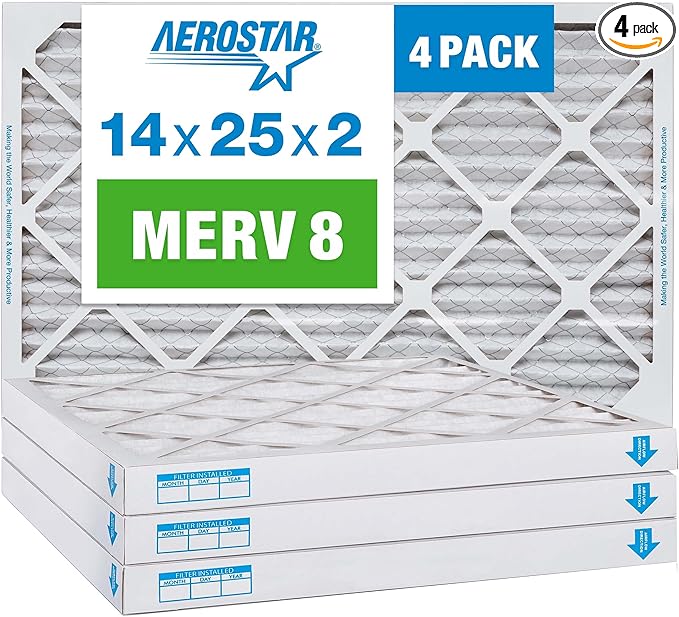 Aerostar 14x25x2 MERV 8 Pleated Air Filter, AC Furnace Air Filter, 4 Pack (Actual Size: 13 1/2" x 24 1/2" x 1 3/4")