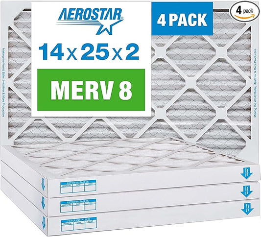 Aerostar 14x25x2 MERV 8 Pleated Air Filter, AC Furnace Air Filter, 4 Pack (Actual Size: 13 1/2" x 24 1/2" x 1 3/4")