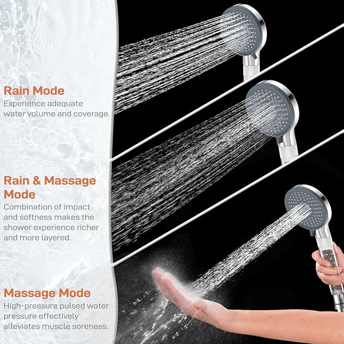 YDmeet Filtered Handheld Shower Head with Long Metal Hose Set, 3-Mode Spray Setting, Extra 6 Packs Replacement Mineral Balls for Refills, Chrome