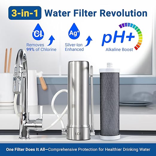 LCF Alkaline Countertop Water Filter, 𝐒𝐢𝐥𝐯𝐞𝐫 𝐈𝐨𝐧𝐬 Enhanced 6-Stage Stainless Steel Water Filter for Sink Faucet, Reduces Heavy Metals, Bad Taste & 99% Chlorine, 16,000 Gallons(2 Filters)