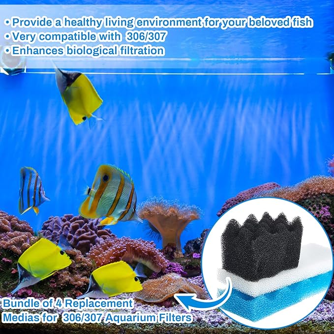 18 Pcs Compatible with 306/307 Bio Sponge Set Compatible with Aquarium Filters Including Blue White Black Bio Sponge for Replacement Filter Media Kit