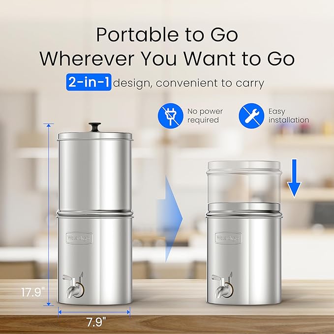 Waterdrop 1.5 Gallons Gravity-fed Water Filter System, NSF/ANSI 42&372 Standard, Stainless-Steel Travel System with 4 Filters, Metal Spigot and Stand, Reduces Up to 99% Chlorine-King Tank Series