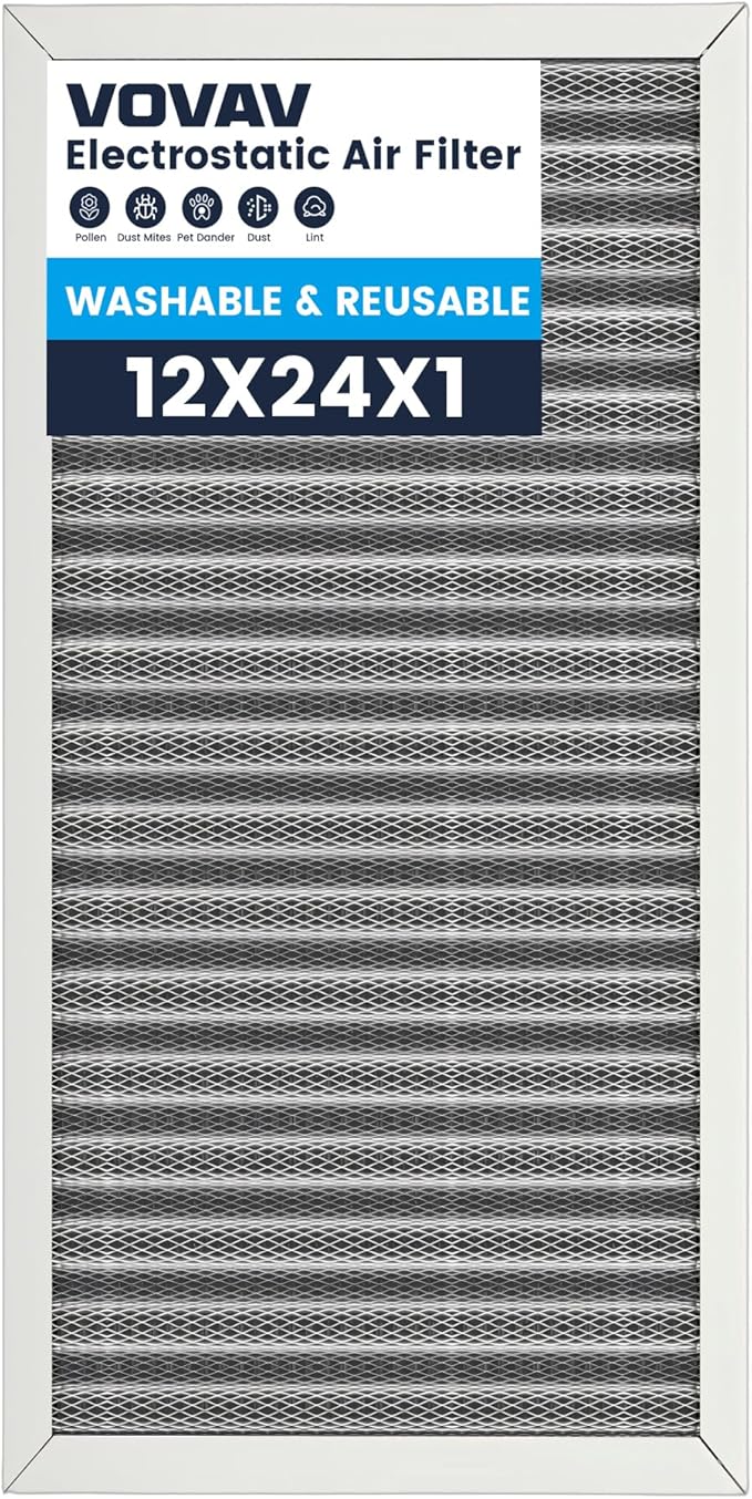 12x24x1 Air Filter-MERV 8, Washable & Reusable Electrostatic Air Filter, AC/HVAC Furnace Filter, Lasts a Lifetime, Permanent Filter, Breathe FresherHome And Office Actual Size:11.38x23.38x1 Inch