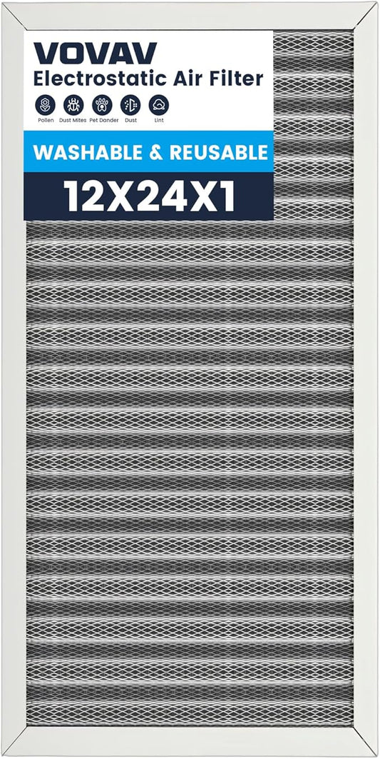 12x24x1 Air Filter-MERV 8, Washable & Reusable Electrostatic Air Filter, AC/HVAC Furnace Filter, Lasts a Lifetime, Permanent Filter, Breathe FresherHome And Office Actual Size:11.38x23.38x1 Inch