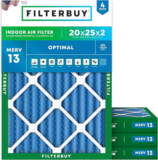 Filterbuy 20x25x2 Air Filter MERV 13 (MPR 1900) Health Defense Replacement (4-Pack), Electrostatic Pleated HVAC AC Furnace Filters, Made in USA (Actual Size: 19.50 x 24.50 x 1.75)