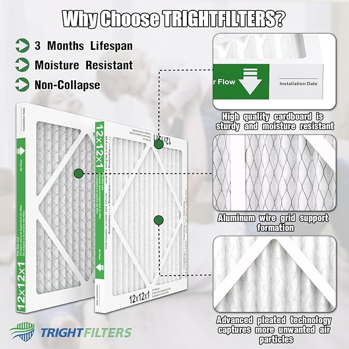 12x12x1 Air Filter 6 Pack, Durable MERV 8 Pleated Home HVAC AC Furnace Filters, Lightweight Compact Air Conditioner Filter Replacement
