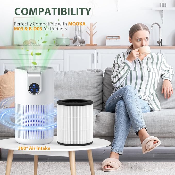 2 Pack M03 Replacement Filter Only Compatible with MOOKA M03 & B-D03 Air Purifier, Efficient Air Filter, 3-in-1 Pre-Filter, HEPA Filter, High-Efficiency Activated Carbon Filter Filtration System