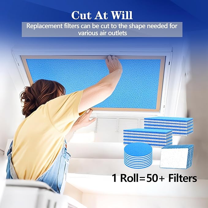 Air Vent Filter, 12"X100" Cut to Size Air Filter Material, MERV 8 Electrostatic Air Filter Roll, Blue & White Vent Filters for Home Floor, Rv Ac Vent, Ceiling, Refrigeration, HVAC Furnace Vent, Etc