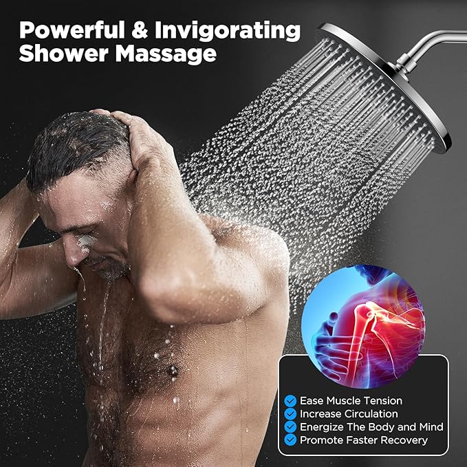 Rain Shower Head - High Pressure Massage Shower Head - 8 Inch Round Powerful Massaging Rainfall Showerhead, Adjustable Replacement for Your Bathroom Fixed Shower Heads