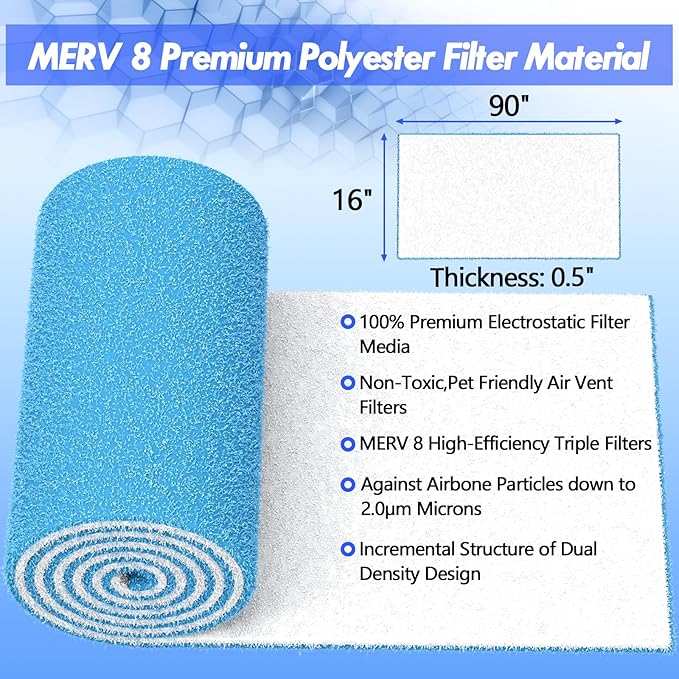 Air Vent Filter Kit - 16" x 90" Cut to Fit Air Filter Materials MERV 8 Electrostatic Media Roll for Home Floor, Ceiling, AC, HVAC, RVC Furnace Vents, With 48PCs Adhesive Hook Tape