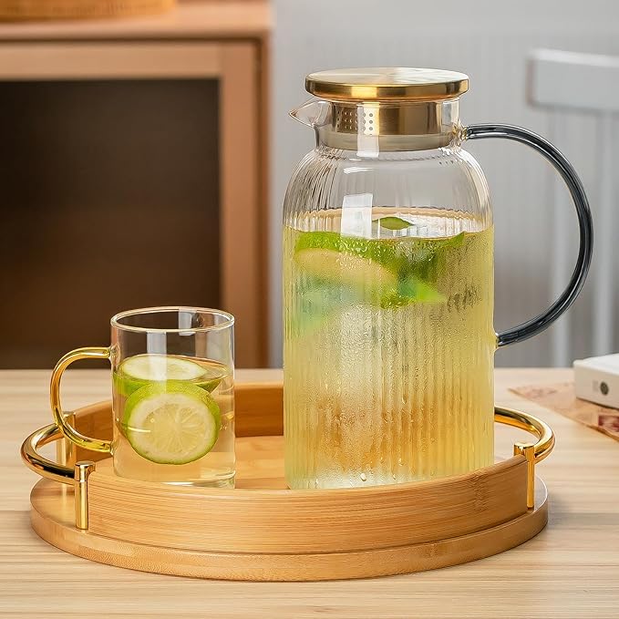2 PACK Glass Pitcher with Lid,68 oz/ 2 Liter Vertical Stripes Water Pitcher With Black Handle,Glass Water Carafe for Cold Brew,Coffee, Lemonade, Iced Sun Tea,Beverage, Milk Heat Resistant