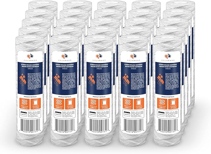 Aquaboon Whole House 5 Micron 10 x 2.5 String Wound Sediment Water Filter Cartridge Replacement Compatible with Well Water Filter WHKF-WHSW, 25-Pack