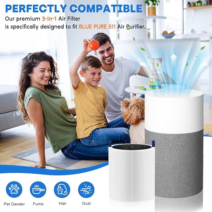 511 Air Filter Replacement Compatible with Blueair Blue Pure 511, 3-in-1 H13 Replacement Filter, Pre-Filter Activated Carbon for Blue 511 Air Purifier, 2 PC, White