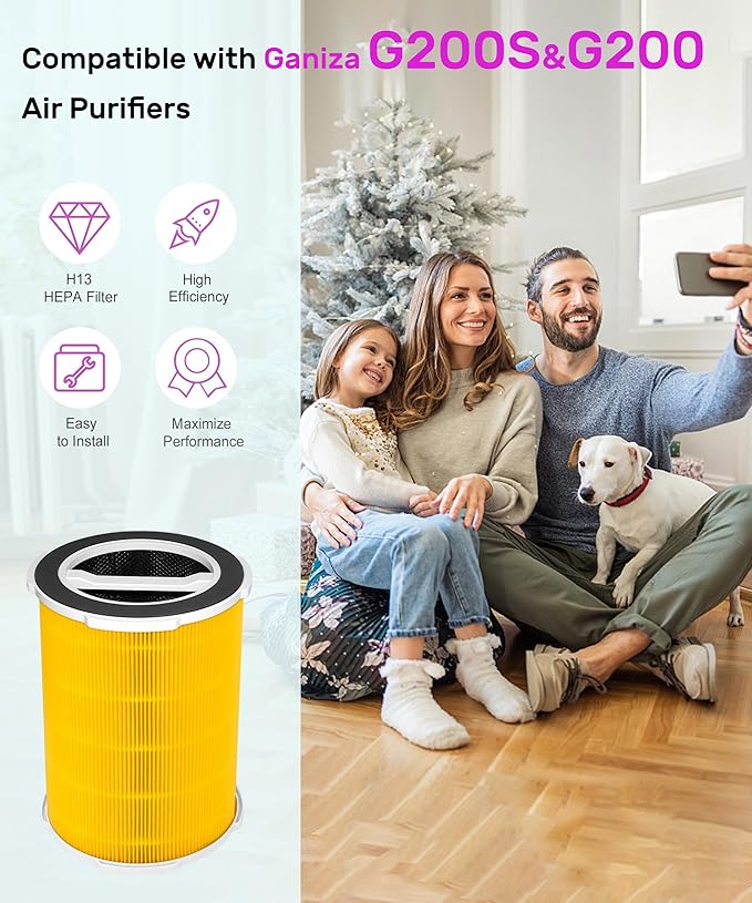 G200/G200S Replacement Filter Compatible with Ganiza G200S/G200 Air Purifier, 3-stage Filtration with Activated Carbon Filter, 2 Count,Yellow