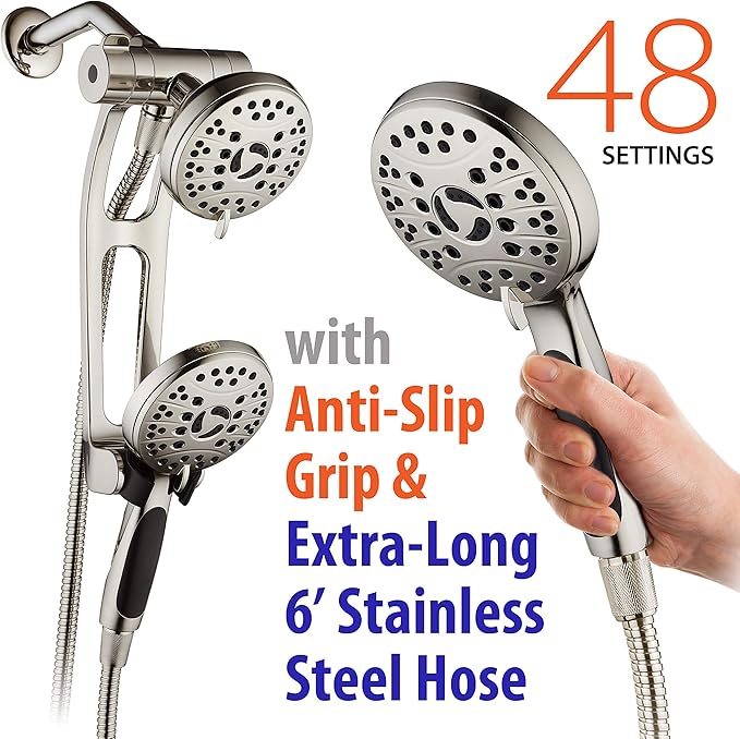 High Pressure 48-mode Luxury 3-way Combo with Adjustable Extension Arm – Dual Rain & Handheld Shower Head – Extra Long 6 Foot Stainless Steel Hose – All Brushed Nickel Finish – Top US Brand
