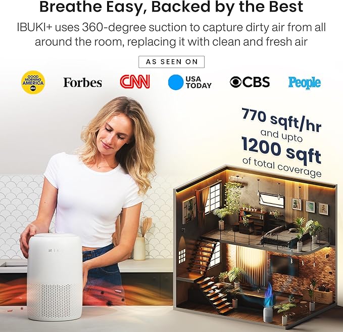 MIKO Air Purifier for Bedroom with 3-in-1 HEPA Filter & Sleep Mode, Whisper Quiet, Covers Up to 1200 ft, Smart Wi-Fi App Control - Removes Smoke, Allergens, Pets Hair, Dust, Odors, Pollutants