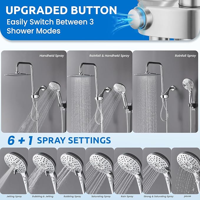 8" Dual Shower Head Combo, Rainfall Shower Head with Handheld, 6 Spray Settings Angle Adjustable Handheld Shower Head with Pause, Height Adjustable, Chrome Silver