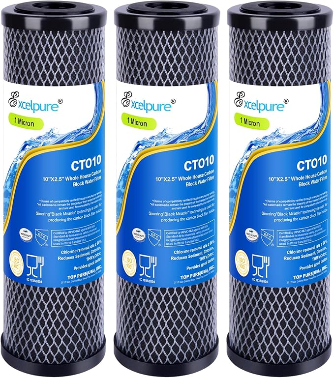 1 Micron 10" x 2.5" Whole House CTO Carbon Water Filter Cartridge Replacement for Home Countertop System, Dupont WFPFC8002, WFPFC9001, FXWTC, SCWH-5, WHEF-WHWC, WHCF-WHWC, CTO10, T01, 3PACK