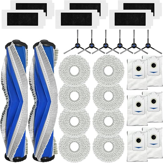 Replacement Accessories Parts Compatible with ECOVACS DEEBOT T30S/ T30s AI/ T30 Care Robot Vacuum Cleaner.（2 Main Brush,6 Side Brushes,6 Hepa Filters,8 Mop Pads,6 dust Bags）