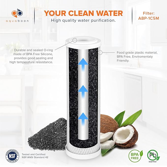 Aquaboon Premium 5 Micron Carbon Block Water Filter 10" x 2.5" – 25-Pack CTO Whole House Filters for Countertop & Under Sink Systems, Compatible with FXWTC