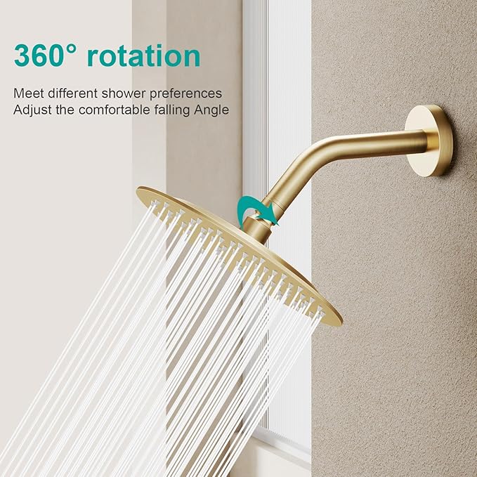 All Metal Rain Shower Head - Heavy Duty Stainless Steel, Easy Install, High Water Flow, Ultra-Thin Modern Design for Bathroom (F-Brushed Gold, 8)