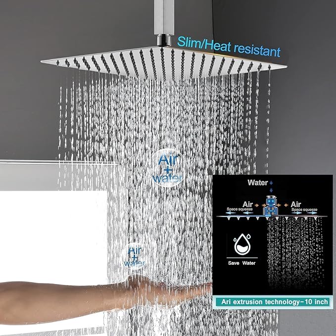 10 Inch Shower Head Combo, High Pressure Rainfall Shower Head with 4 Settings Handheld Spray and 11 Inch Brass Adjustable Extension Arm, 78'' Anti-leak Shower Hose, Chrome