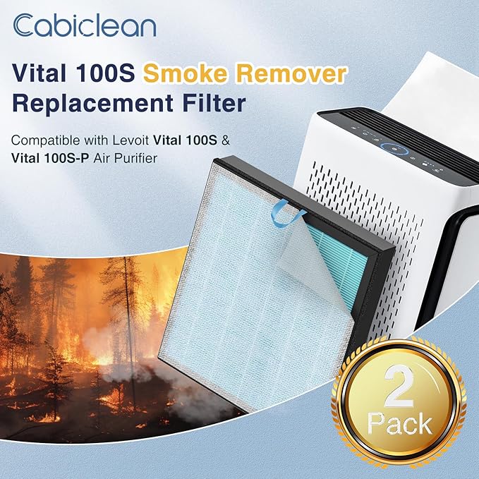 Vital 100S Smoke Remover Replacement Filter for LEVOIT Vital 100 and Vital 100S-P Air Purifier, 3-In-1 Filter, Efficiency Activated Carbon for Home Large Room Bedroom, Vital 100S-RF-SR, 2 Pack, Blue