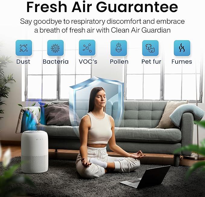 MIKO Air Purifier for Bedroom with 3-in-1 HEPA Filter & Sleep Mode, Whisper Quiet, Covers Up to 1200 ft, Smart Wi-Fi App Control - Removes Smoke, Allergens, Pets Hair, Dust, Odors, Pollutants