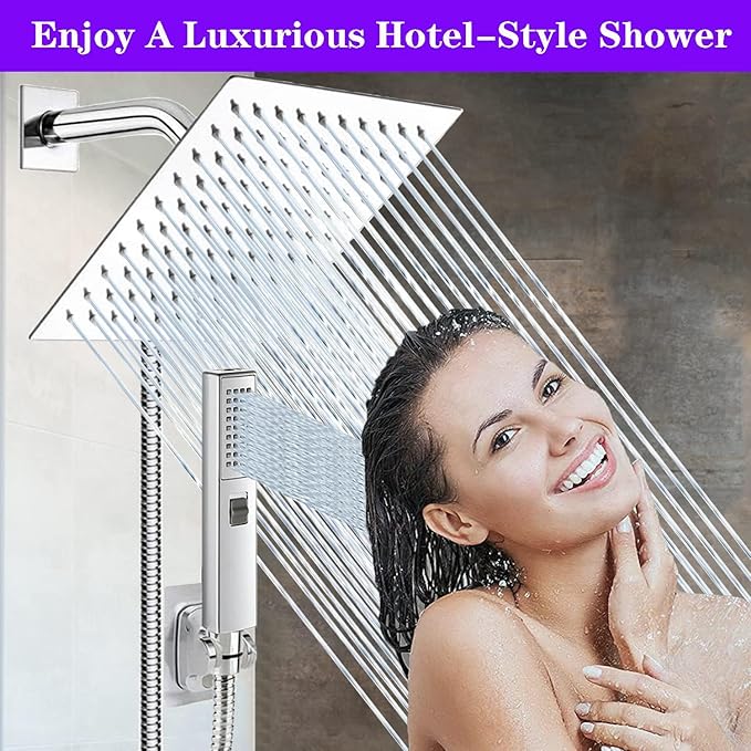 8"High Pressure Square Rain Shower Head and 2-in-1 Hand Shower.Equipped with 78"Hose, 3 Way Diverter Valve,Adhesive Shower Head Holder.(AWAXFOLO Square Shower Head Set chrome)