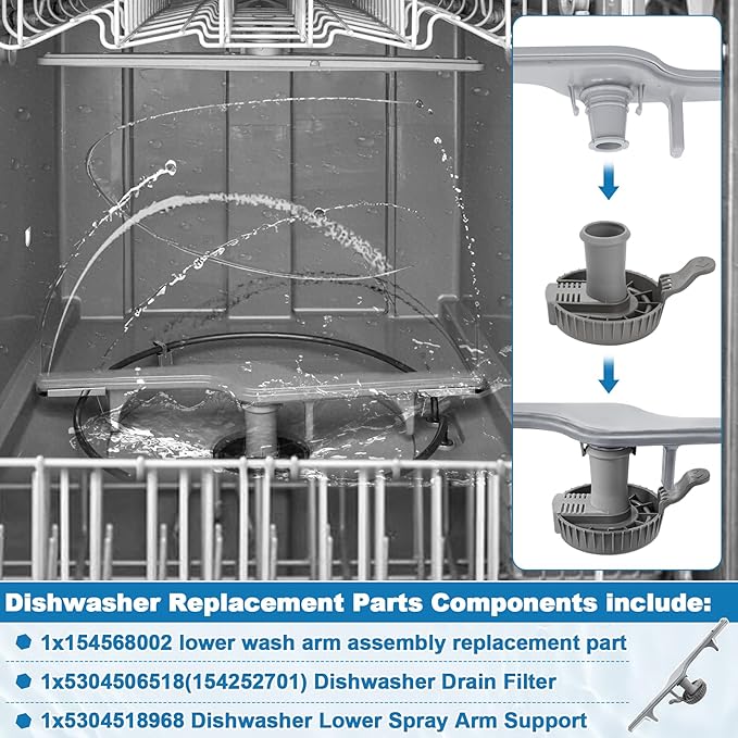 154568002 Dishwasher Lower Spray Arm Assembly with 5304518968 Support & 5304506518 Trap Drain Filter Replacement for Frigidaire Electrolux Kenmore Dishwasher 1545680 5304517203 154568001 154414101