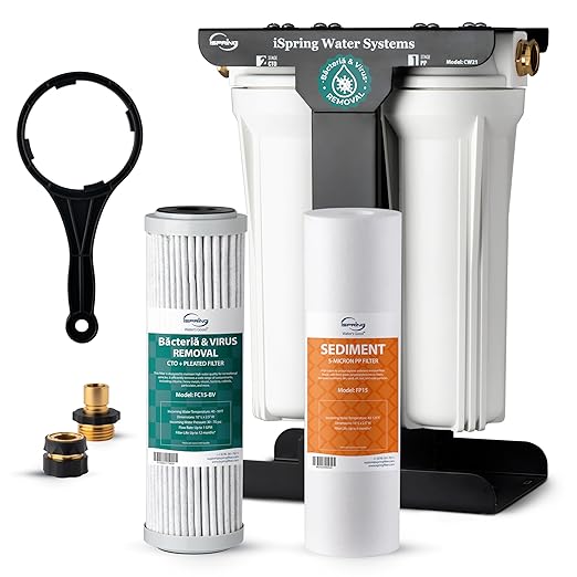 iSpring CW21-BV 2-Stage RV Water Filtration System for Campers, SGS-Tested Báctérïa and Viruses Removal, BPA-Free, High Capacity, 3/4'' Lead-Free Brass Hose Quick Connectors, Tankless