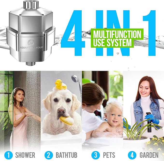 AquaHomeGroup 20 Stage Shower Filter for Hard Water - High Output Universal Shower Head Filter for Chlorine, Fluoride, Heavy Metals - Vitamin C E Shower Water Filter for Hair and Skin (Chrome)