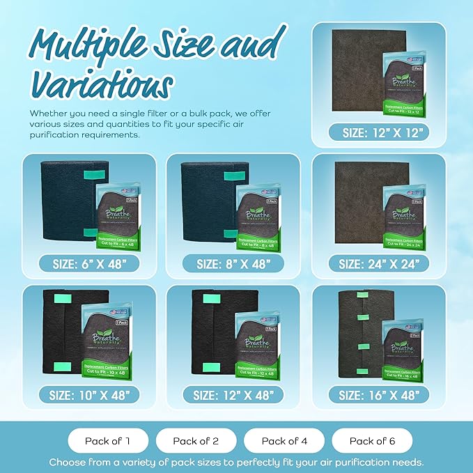 Breathe Naturally Universal Cut To Fit Carbon Activated Air Filter - Replacement Charcoal Filters - Pre Filter Carbon Sheet for Air Purifier, Vent Filters & More - Made in USA (Pack of 4, 12x12)