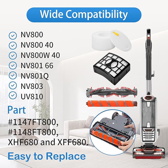 Soft Bristle Brushroll Roller Hepa Foam Filter Replacement Parts Compatible with Shark DuoClean NV800 NV800W NV801 NV801Q NV803 UV810 Vacuum
