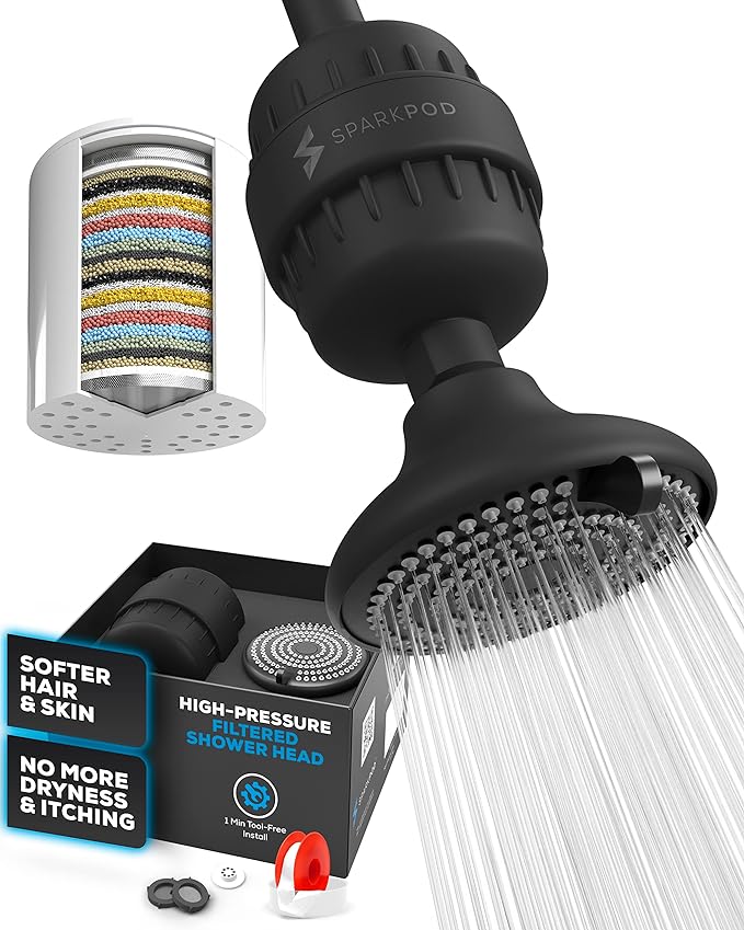 SparkPod 23-Stage Filtered Shower Head with 3 Spray Settings - High Pressure Shower Head with Filters for Dry Hair and Skin - Showerhead with Filter Reduces Chlorine & Heavy Metals (Black Matte)